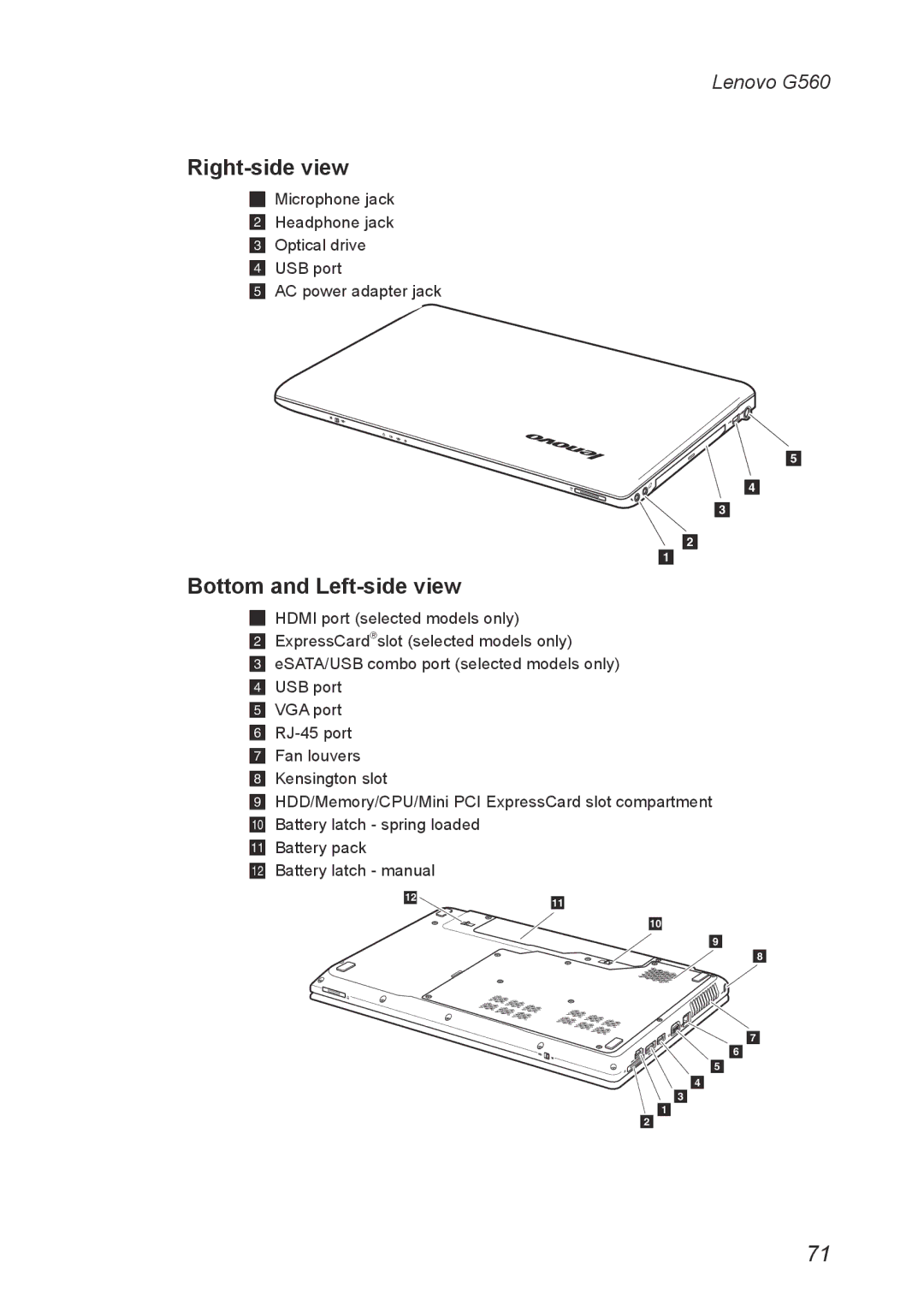 Lenovo G560 manual Right-side view, Bottom and Left-side view 