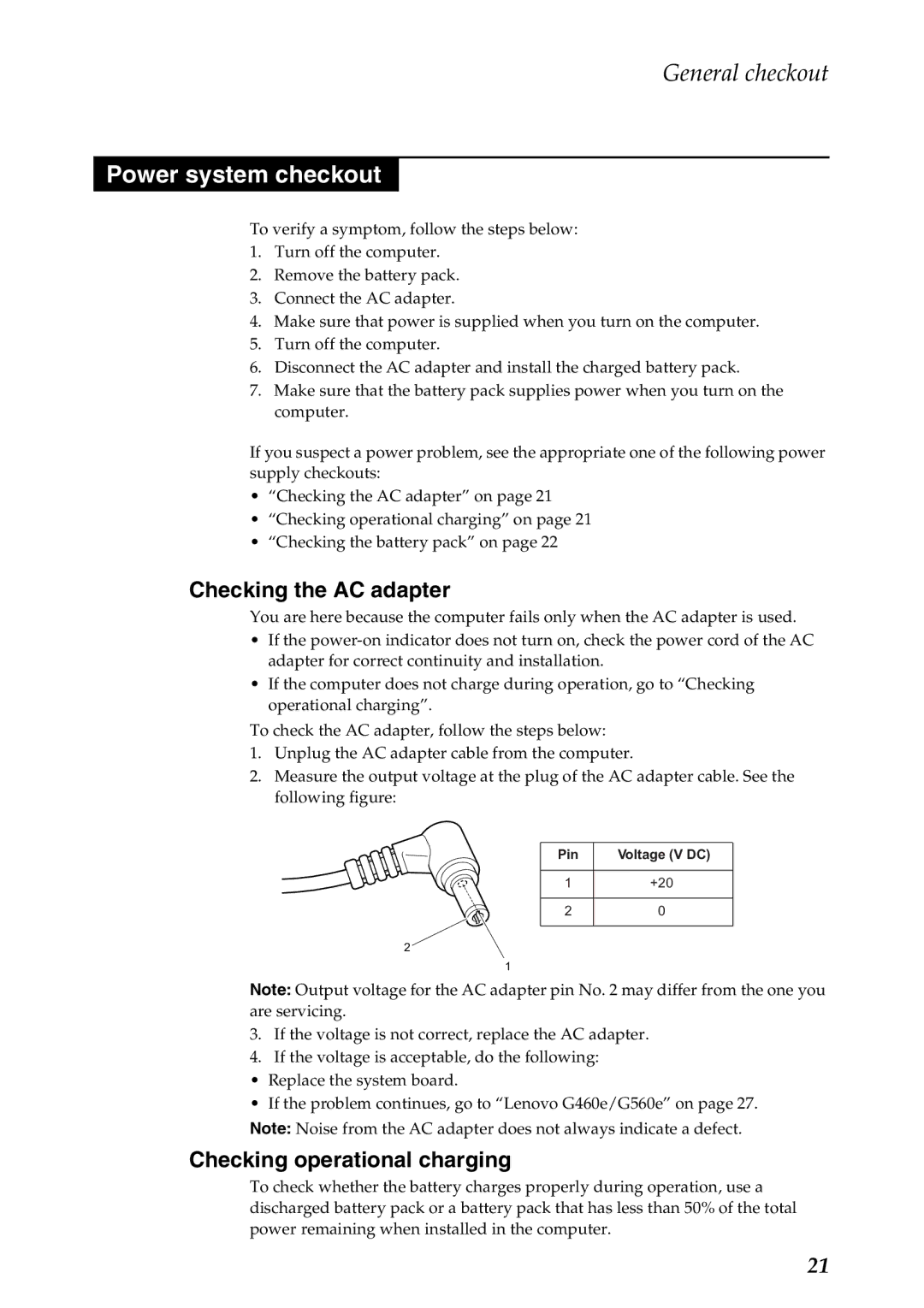 Lenovo G460E, G560E manual Power system checkout, Checking the AC adapter, Checking operational charging 