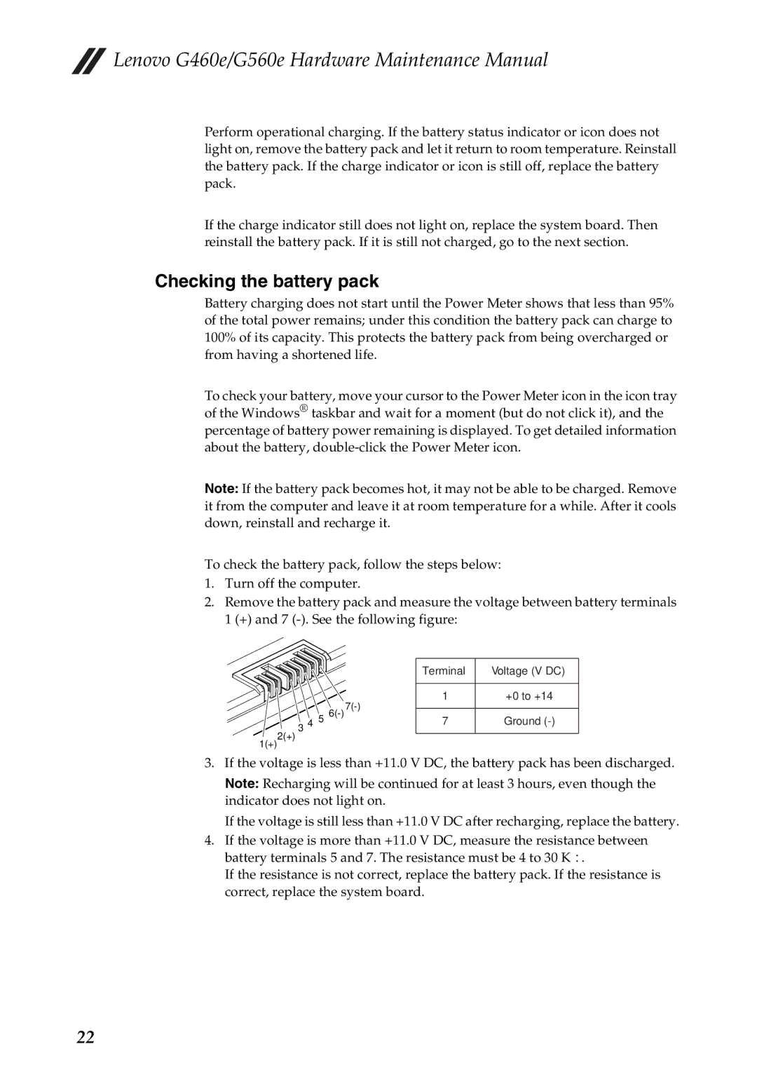 Lenovo G560E, G460E manual Checking the battery pack 