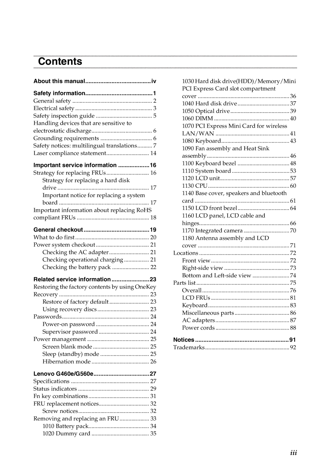 Lenovo G460E, G560E manual Contents 