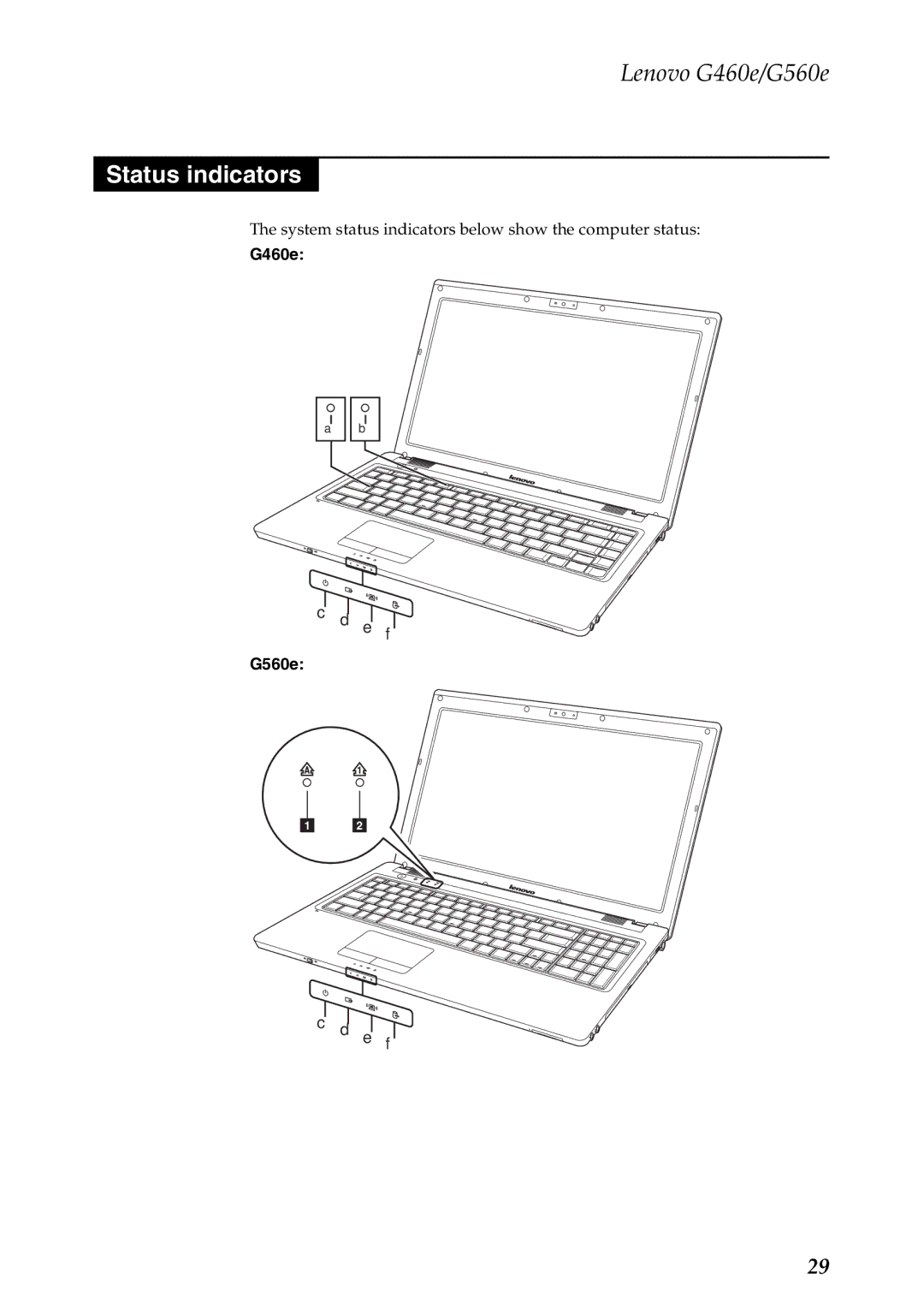 Lenovo G460E, G560E manual Status indicators, G460e, G560e 