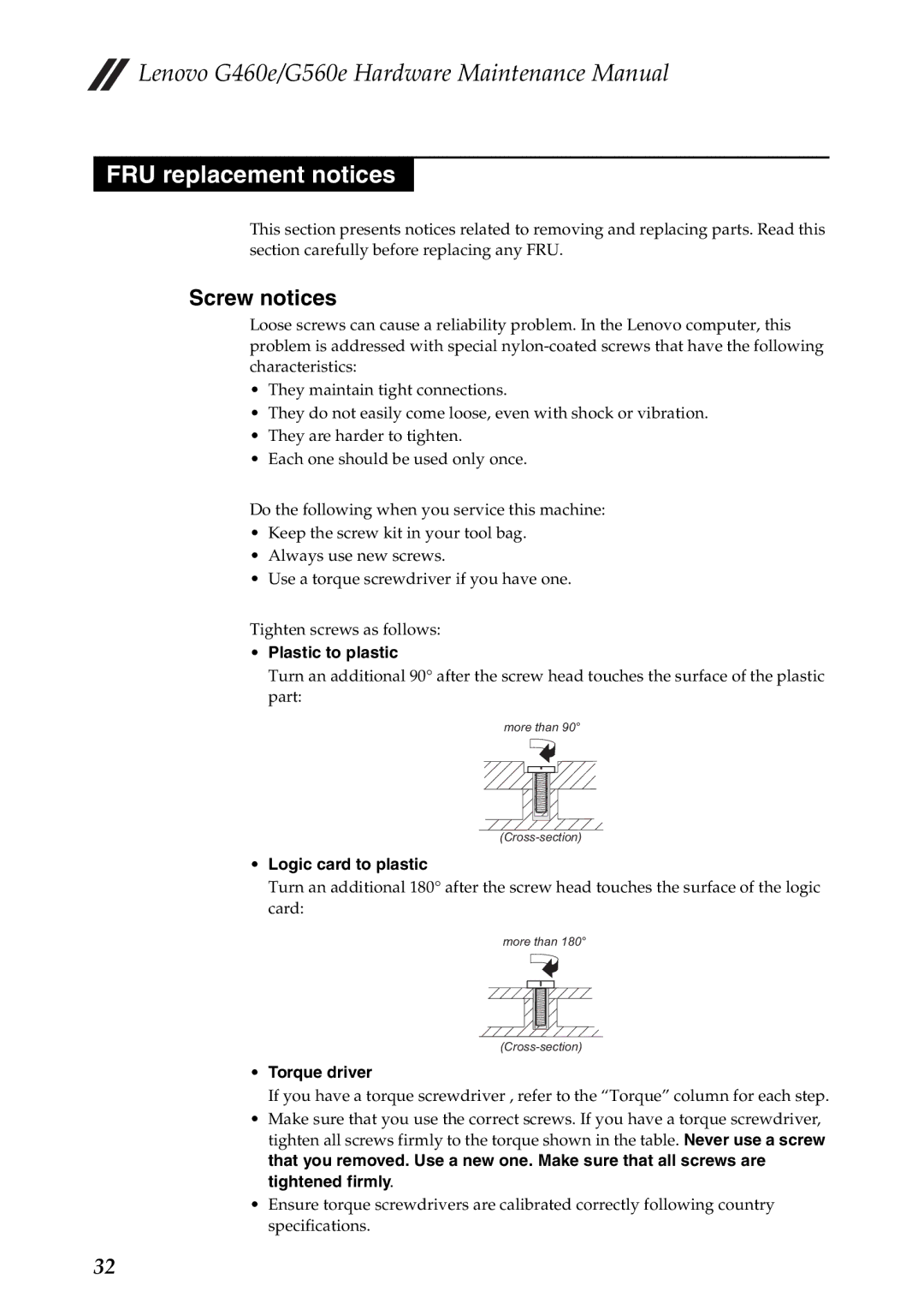 Lenovo G560E, G460E manual FRU replacement notices, Screw notices, Plastic to plastic, Logic card to plastic, Torque driver 