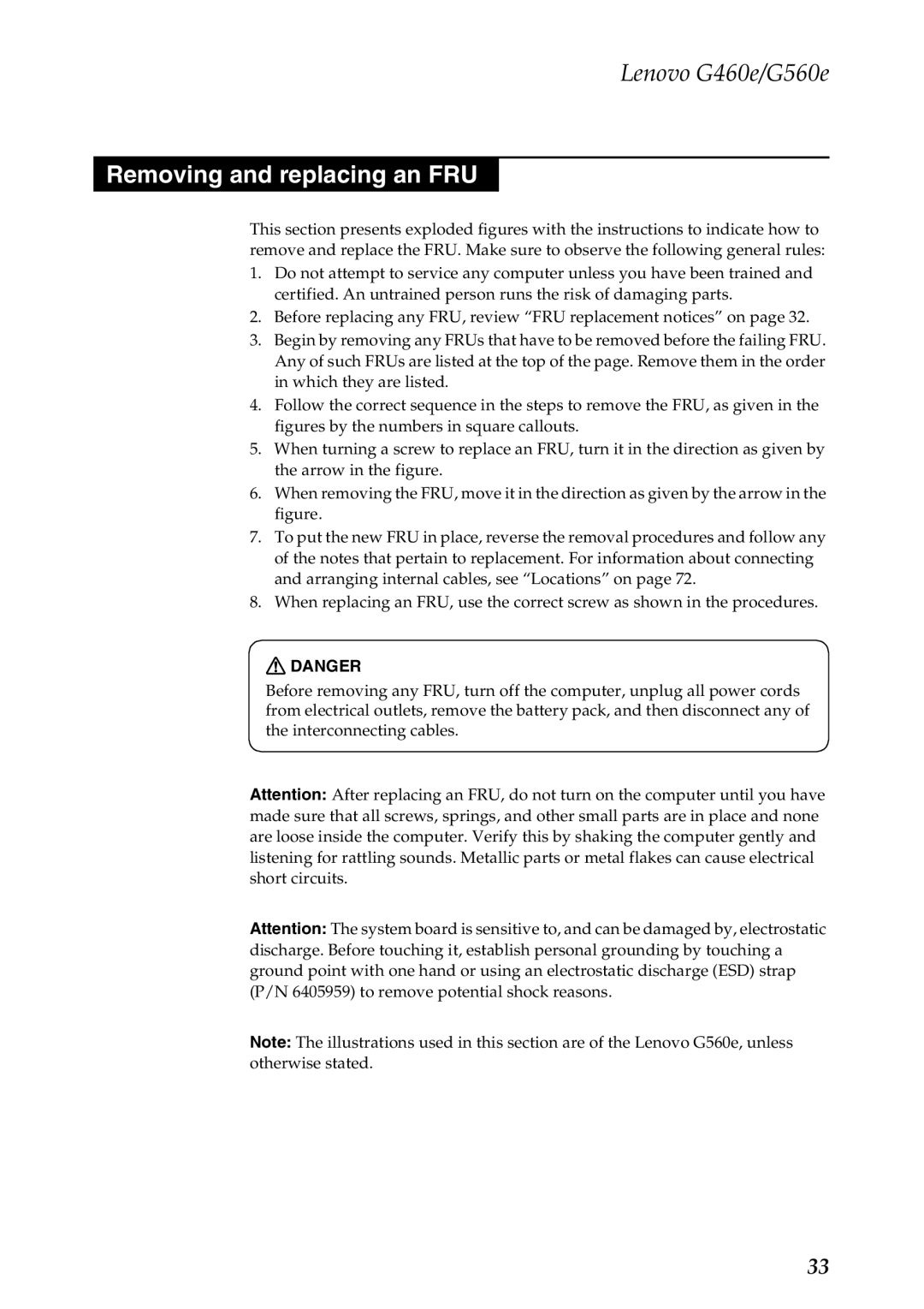 Lenovo G460E, G560E manual Removing and replacing an FRU 