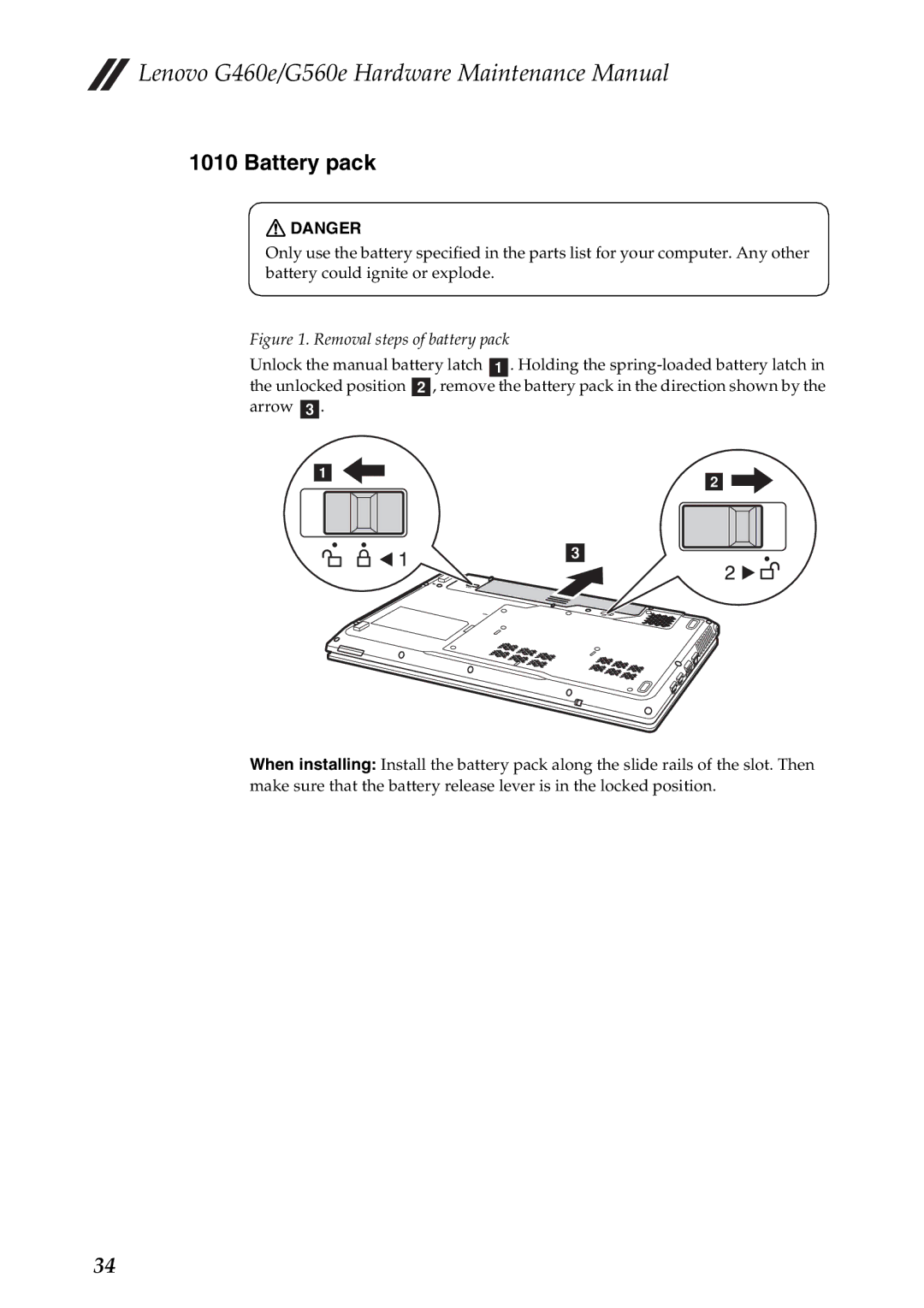 Lenovo G560E, G460E manual Battery pack, Removal steps of battery pack 