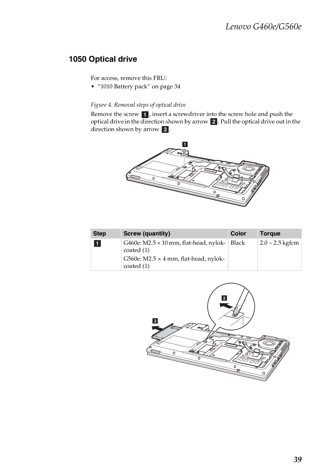 Lenovo G460E, G560E manual Optical drive, Removal steps of optical drive 