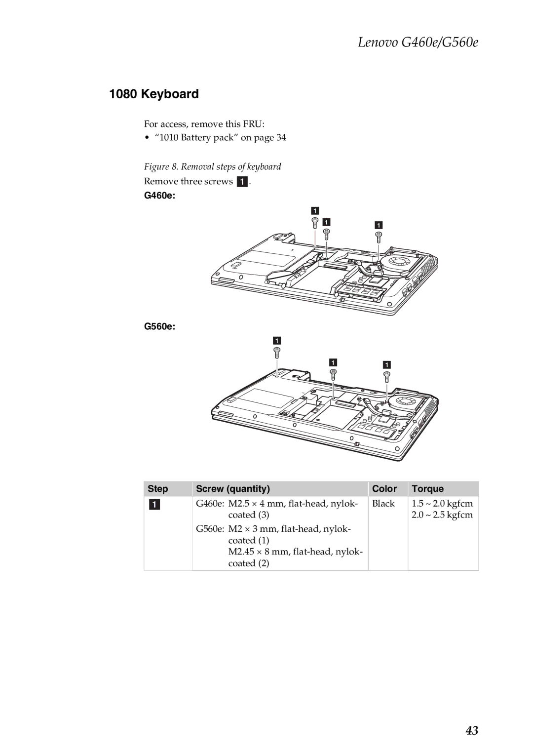 Lenovo G460E, G560E manual Keyboard, G460e G560e Step Screw quantity Color Torque 