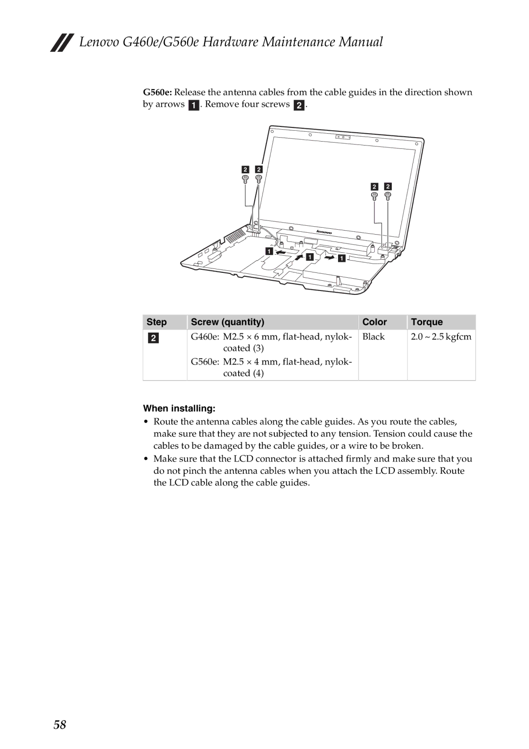 Lenovo G560E, G460E manual Step Screw quantity Color Torque 