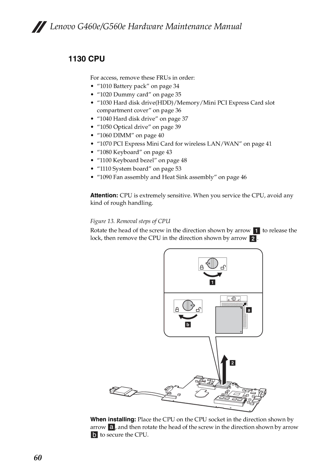 Lenovo G560E, G460E manual 1130 CPU, Removal steps of CPU 