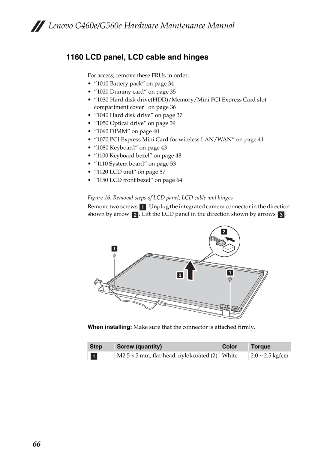 Lenovo G560E, G460E manual Removal steps of LCD panel, LCD cable and hinges 