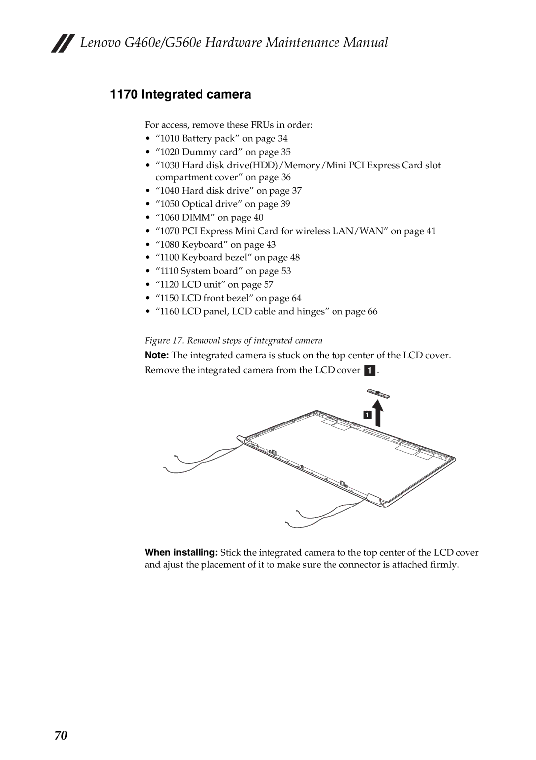 Lenovo G560E, G460E manual Integrated camera, Removal steps of integrated camera 