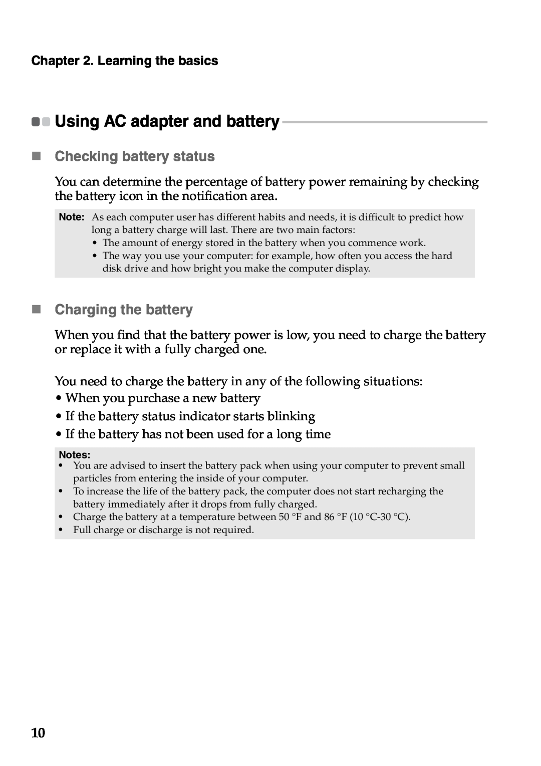 Lenovo G565, G465 manual Using AC adapter and battery, „ Checking battery status, „ Charging the battery 