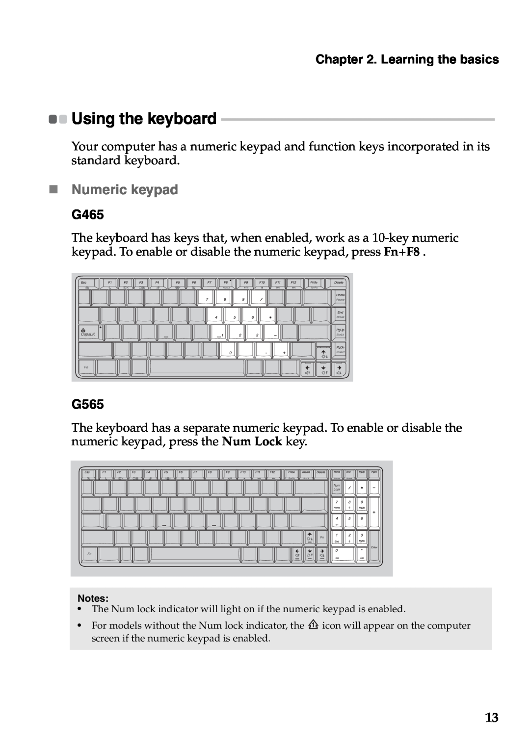 Lenovo manual „ Numeric keypad G465, G565, Using the keyboard 