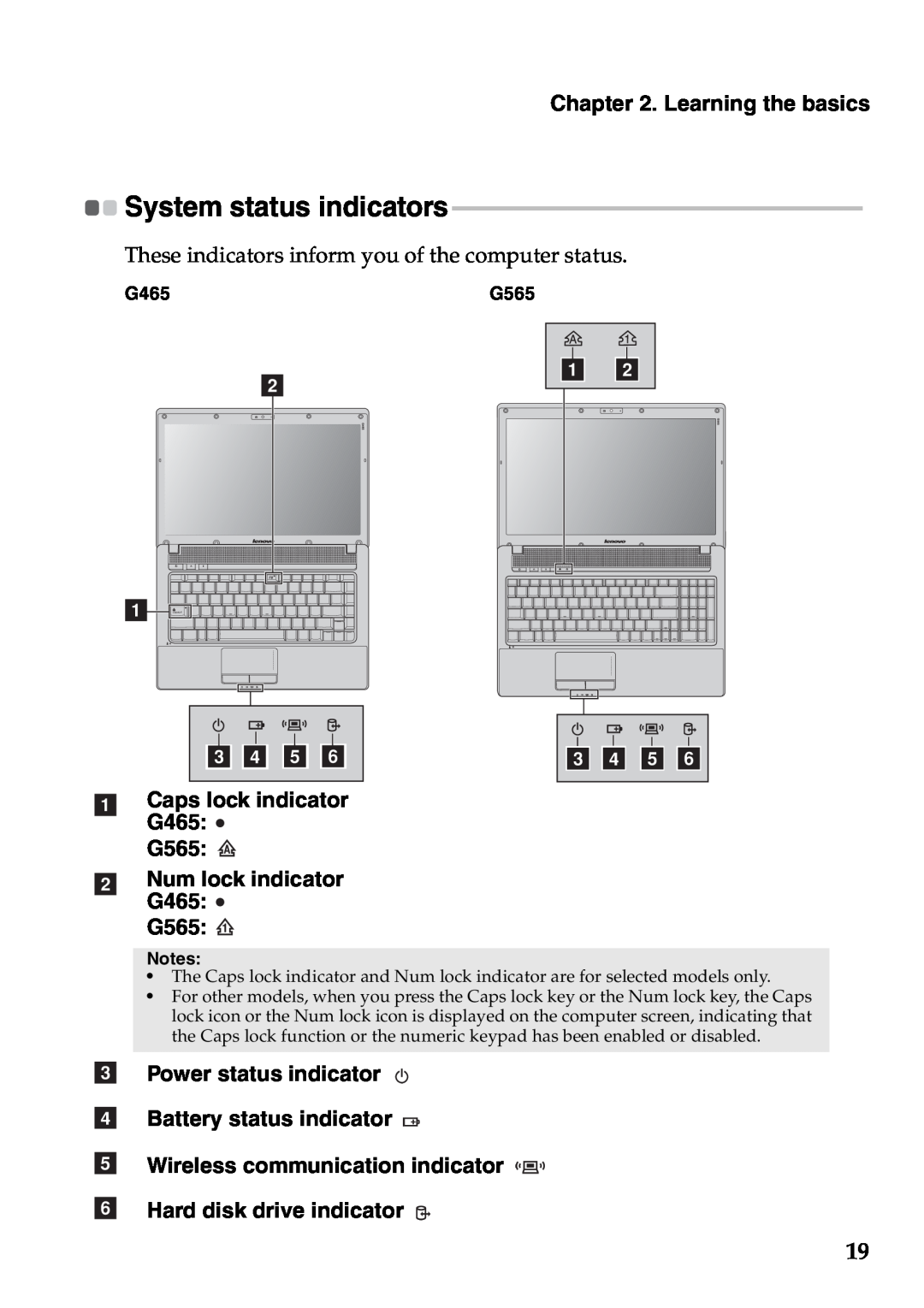 Lenovo G465, G565 manual System status indicators, These indicators inform you of the computer status, c d e f 