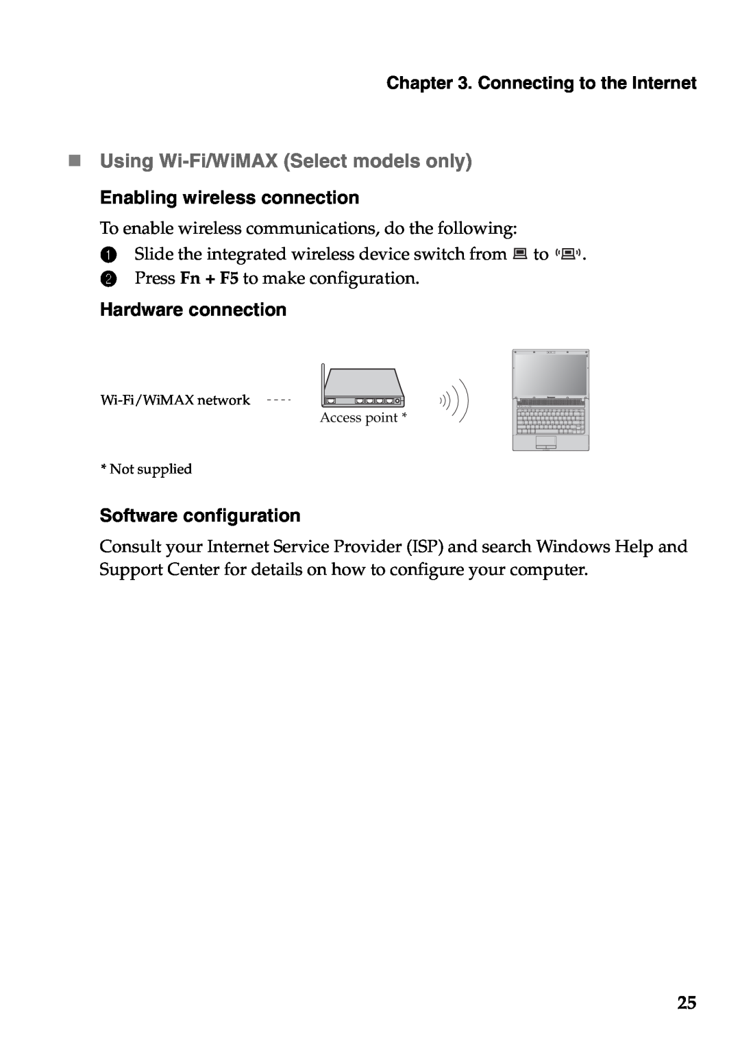 Lenovo G465, G565 manual „ Using Wi-Fi/WiMAX Select models only Enabling wireless connection, Hardware connection 