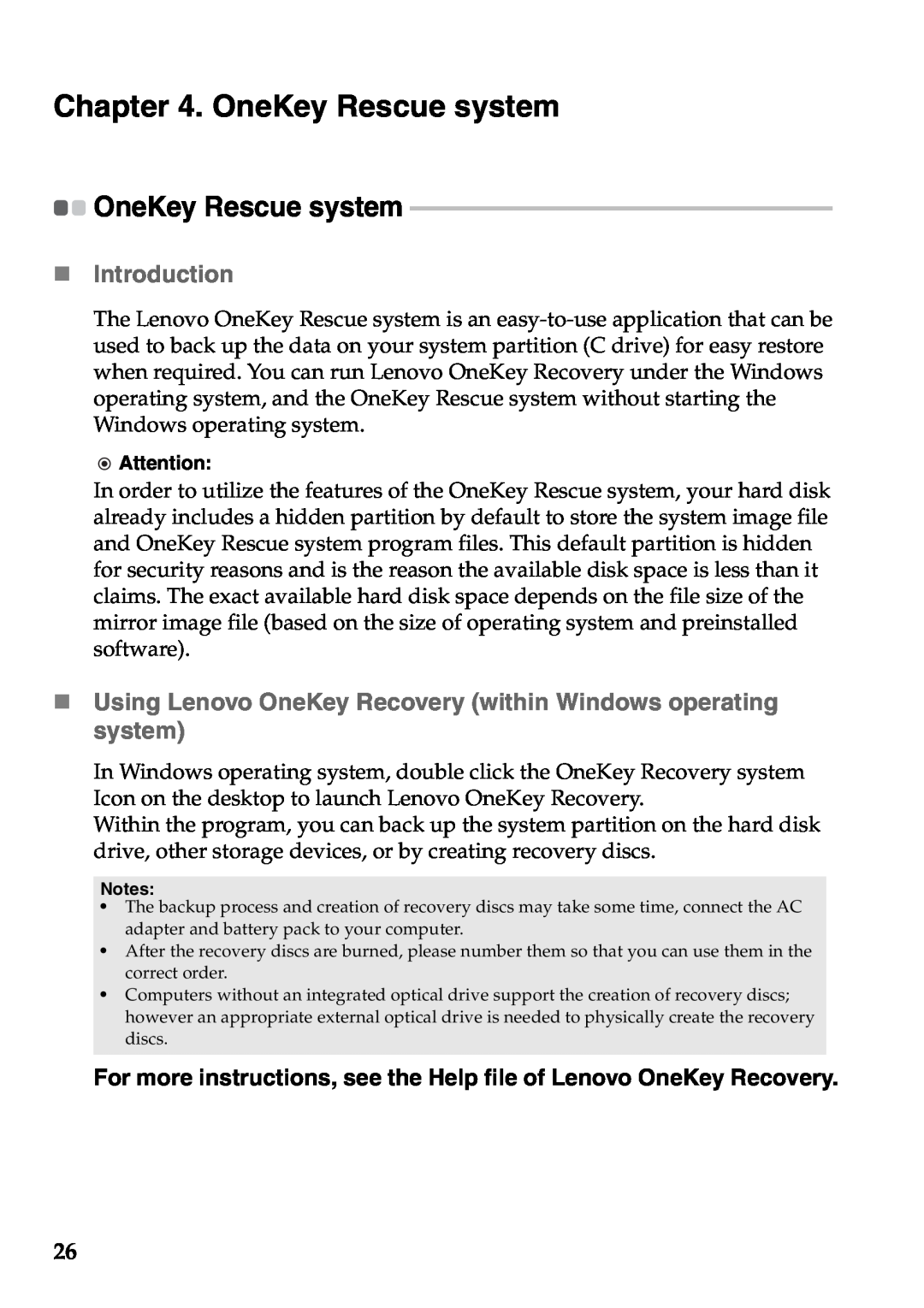 Lenovo G565, G465 OneKey Rescue system, „ Introduction, „ Using Lenovo OneKey Recovery within Windows operating system 