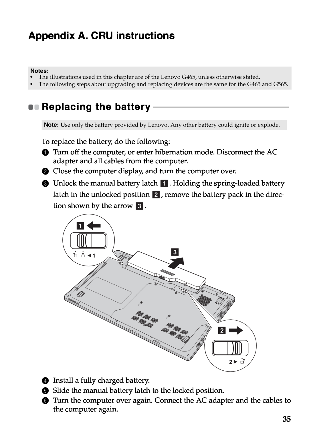 Lenovo G465, G565 manual Appendix A. CRU instructions, Replacing the battery 