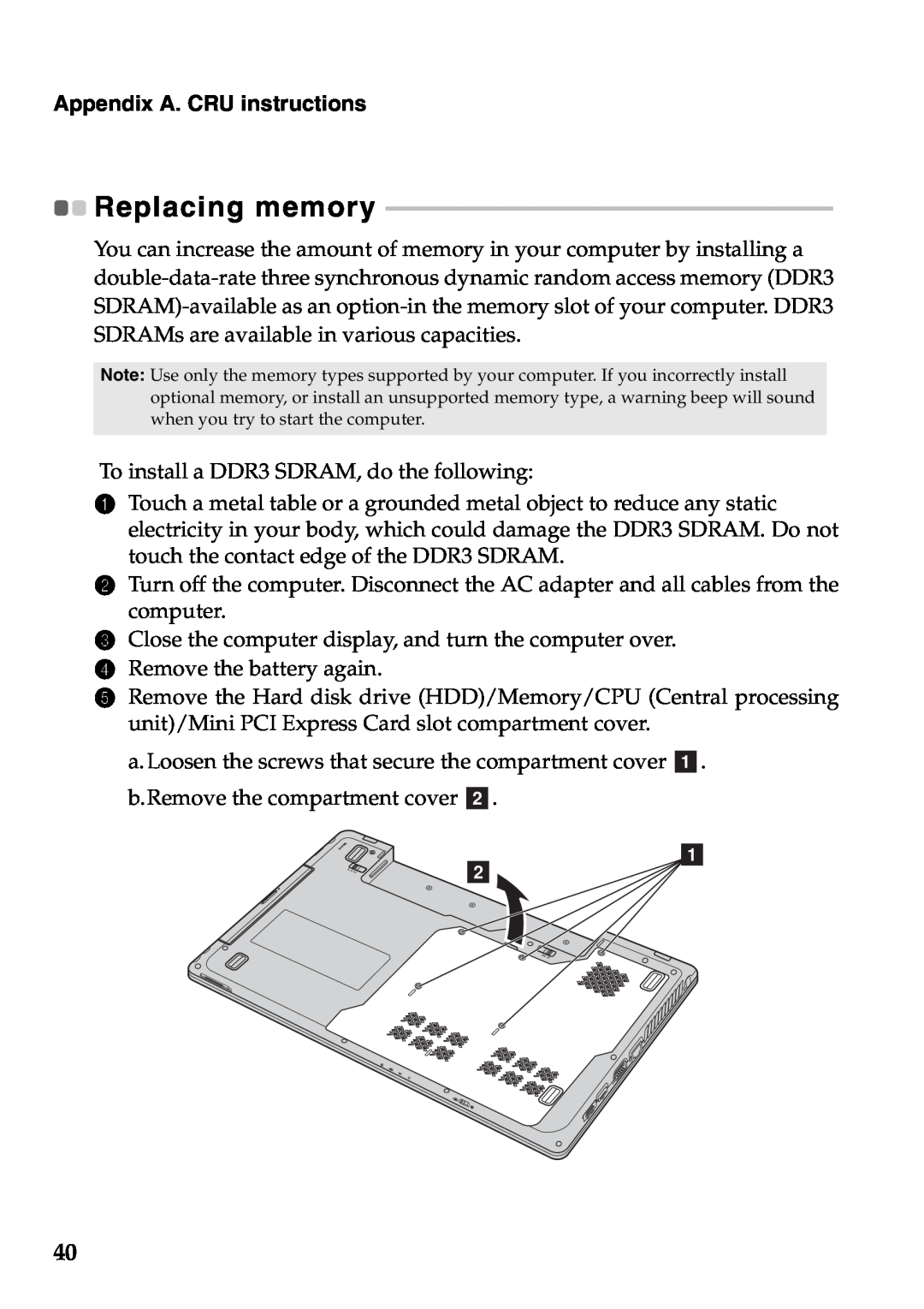 Lenovo G565, G465 manual Replacing memory 