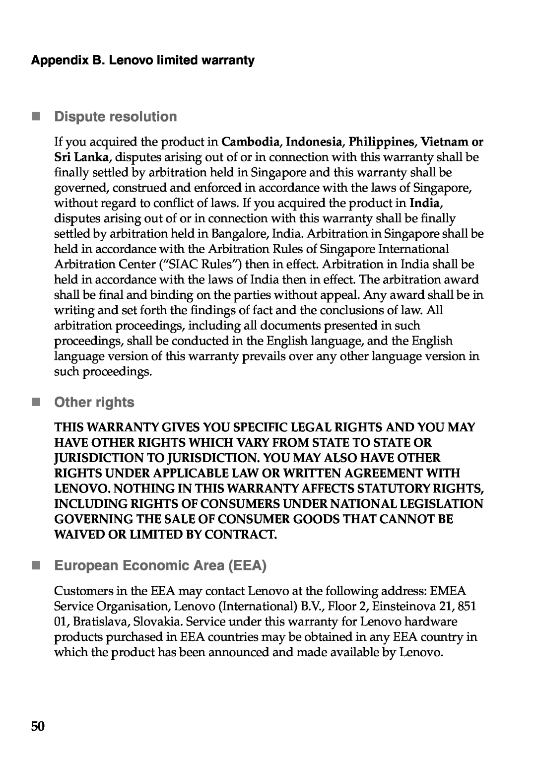 Lenovo G565, G465 manual „ Dispute resolution, „ Other rights, „ European Economic Area EEA 