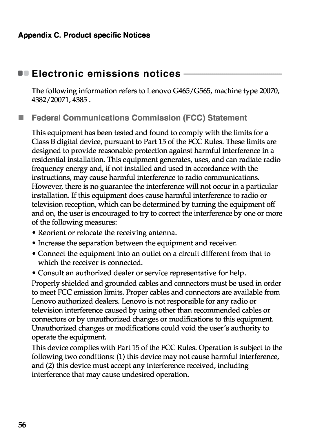 Lenovo G565, G465 manual Electronic emissions notices, „ Federal Communications Commission FCC Statement 