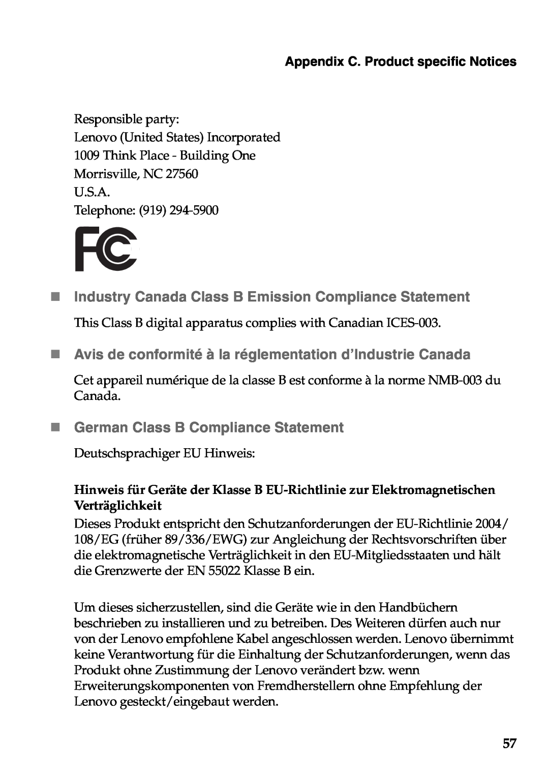 Lenovo G465, G565 manual „ Industry Canada Class B Emission Compliance Statement, „ German Class B Compliance Statement 
