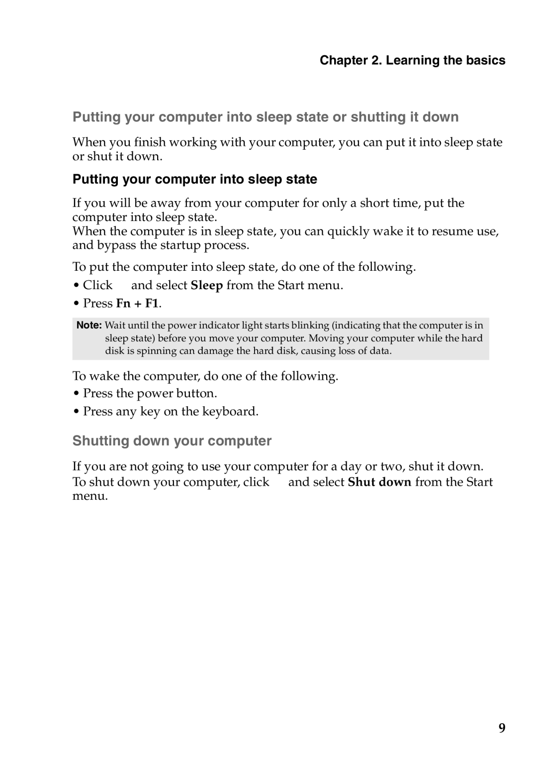 Lenovo G465, G565 manual „ Shutting down your computer, Learning the basics 