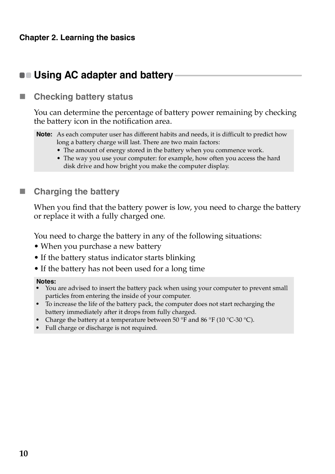 Lenovo G565, G465 manual „ Checking battery status, „ Charging the battery 