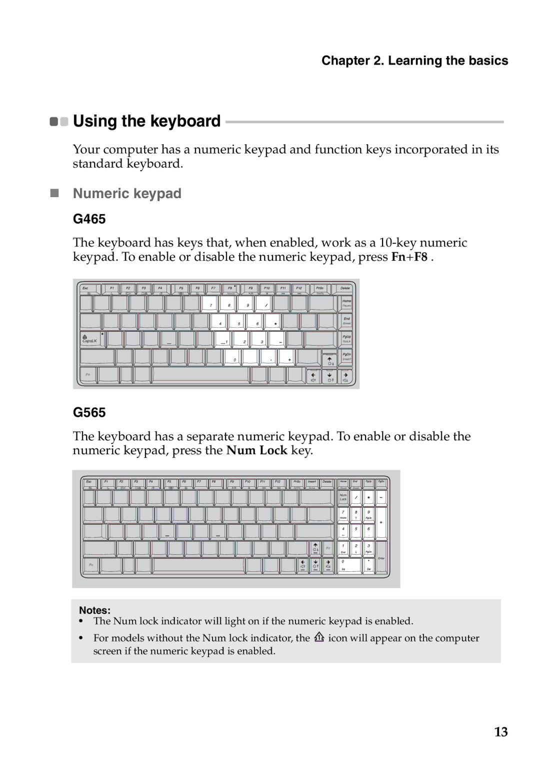 Lenovo G565 manual „ Numeric keypad G465, Using the keyboard 