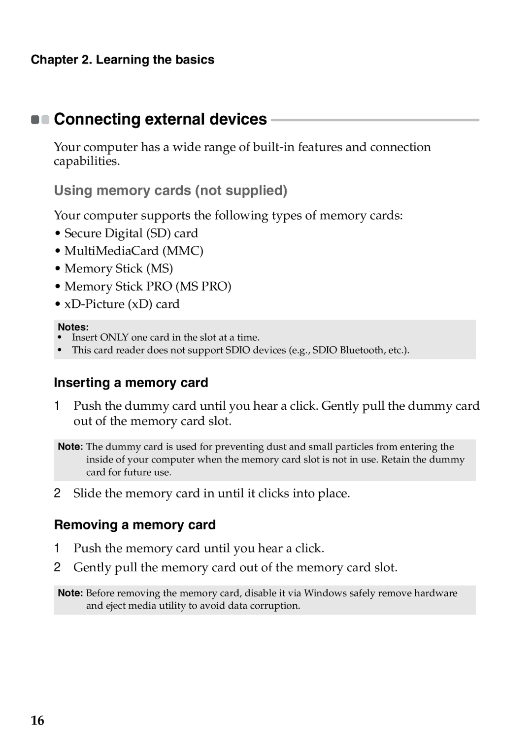 Lenovo G565, G465 manual Connecting external devices, „ Using memory cards not supplied 