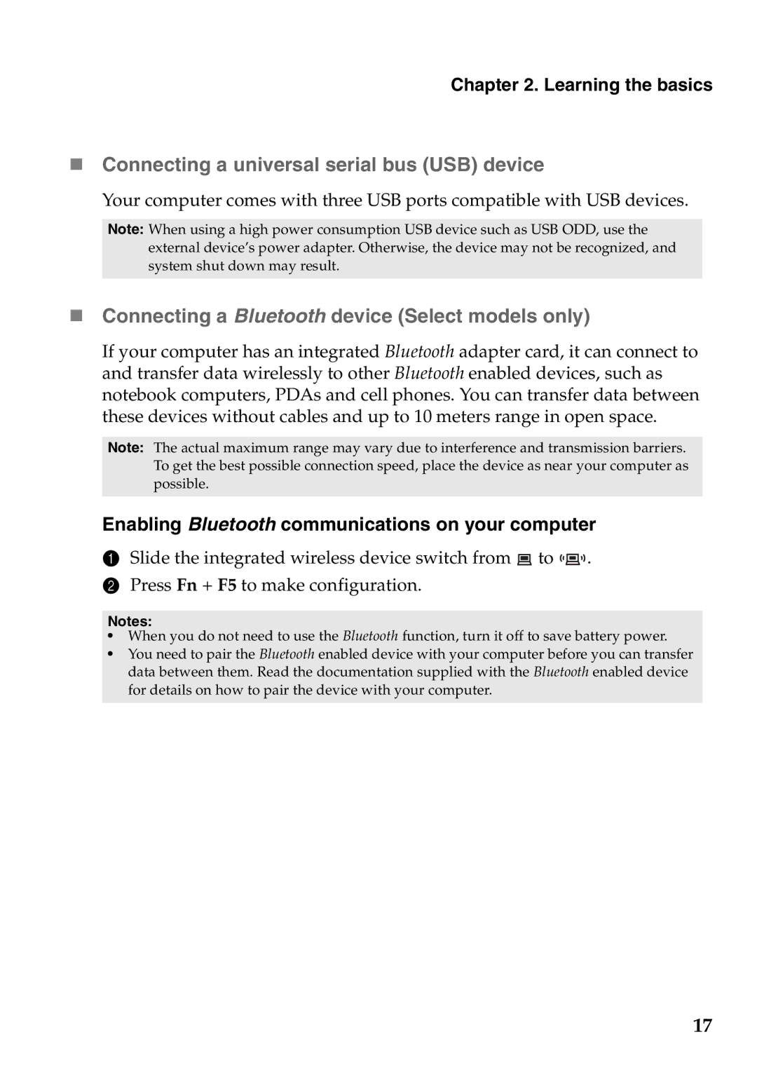 Lenovo G465, G565 manual „ Connecting a universal serial bus USB device, „ Connecting a Bluetooth device Select models only 