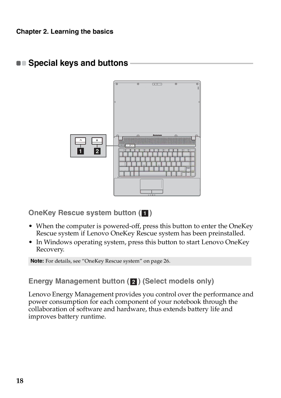 Lenovo G565 „ OneKey Rescue system button a, „ Energy Management button b Select models only, Special keys and buttons 