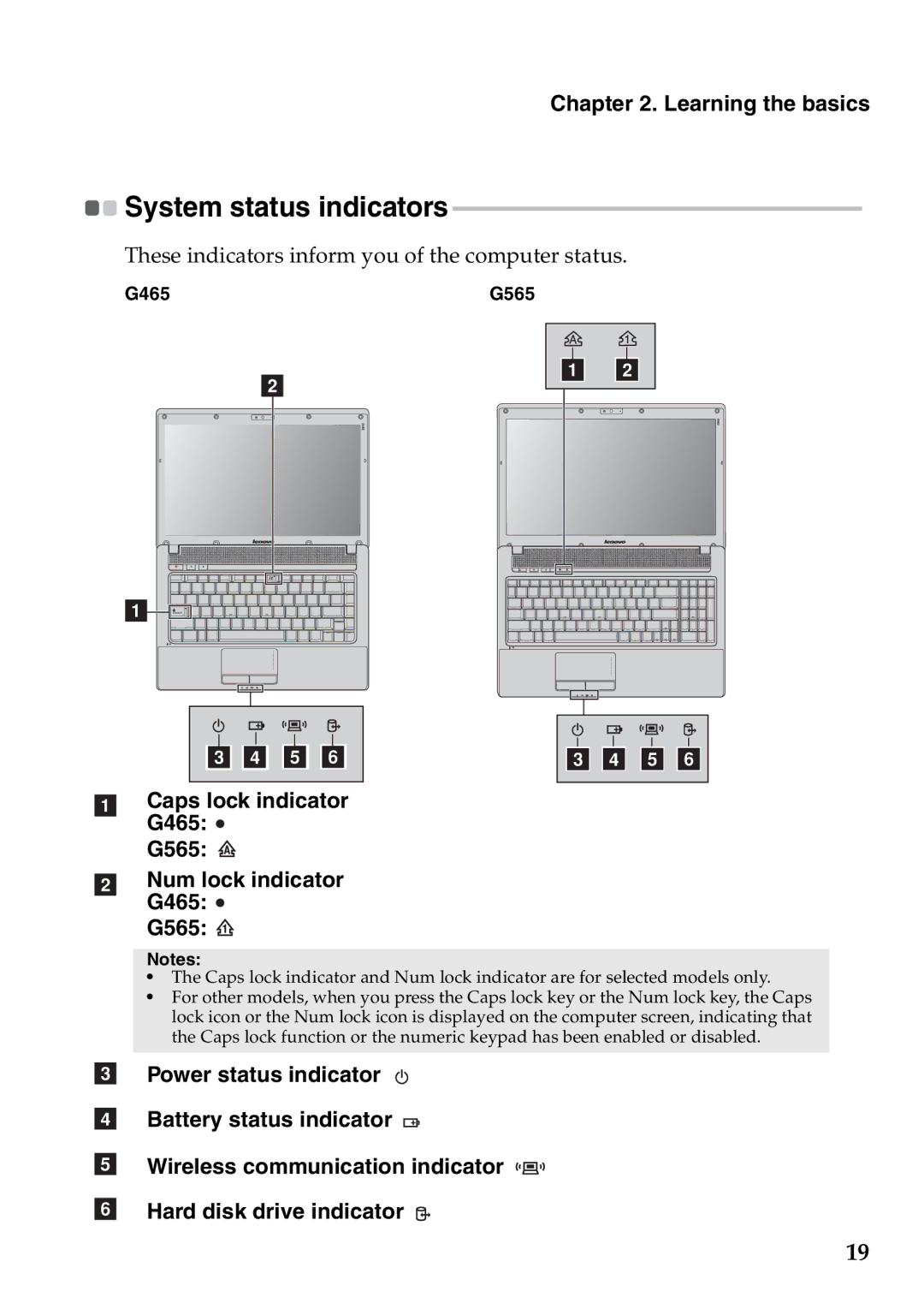 Lenovo manual System status indicators, Caps lock indicator G465 G565 Num lock indicator G465 