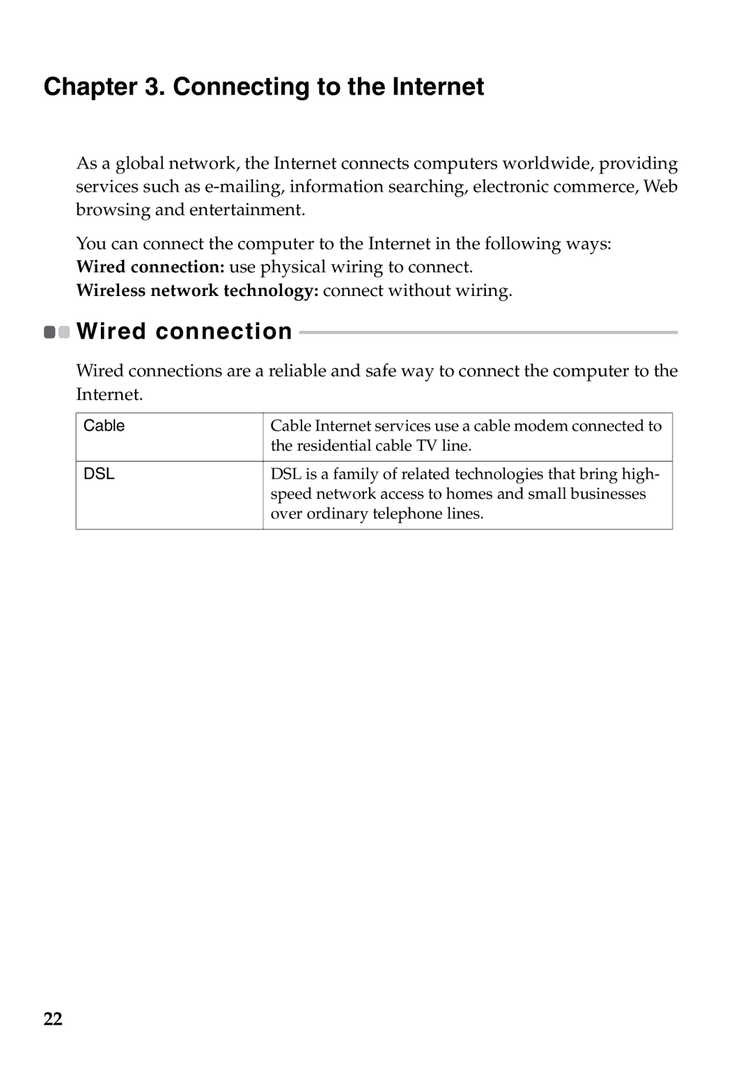 Lenovo G565, G465 manual Connecting to the Internet, Wired connection 