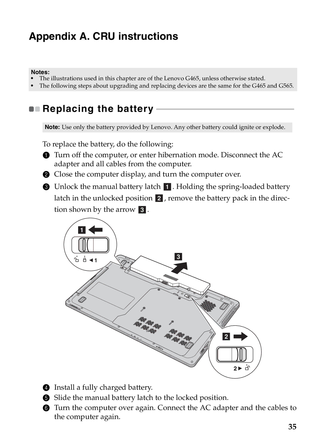 Lenovo G465, G565 manual Appendix A. CRU instructions, Replacing the battery 