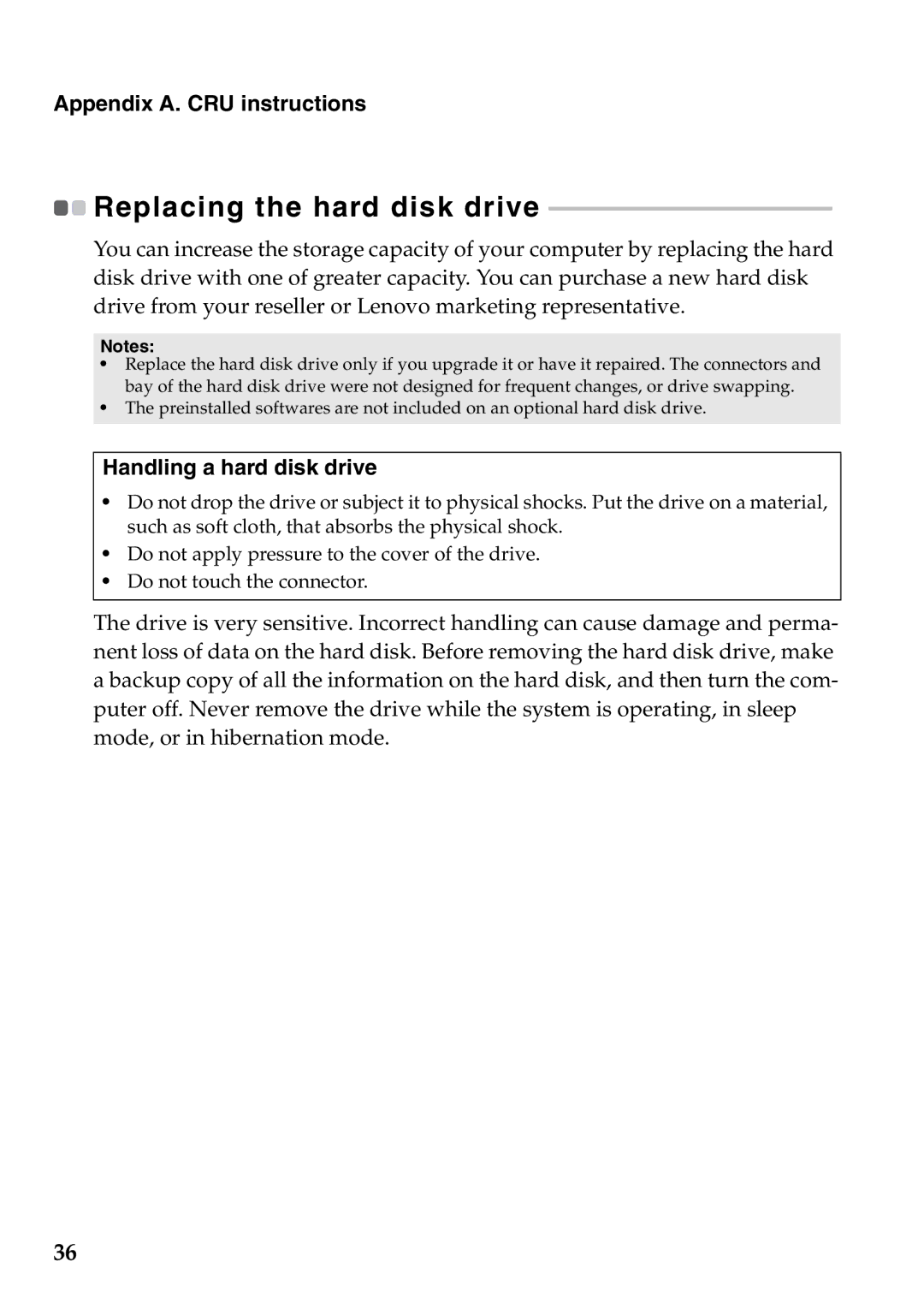 Lenovo G565, G465 manual Appendix A. CRU instructions, Handling a hard disk drive 