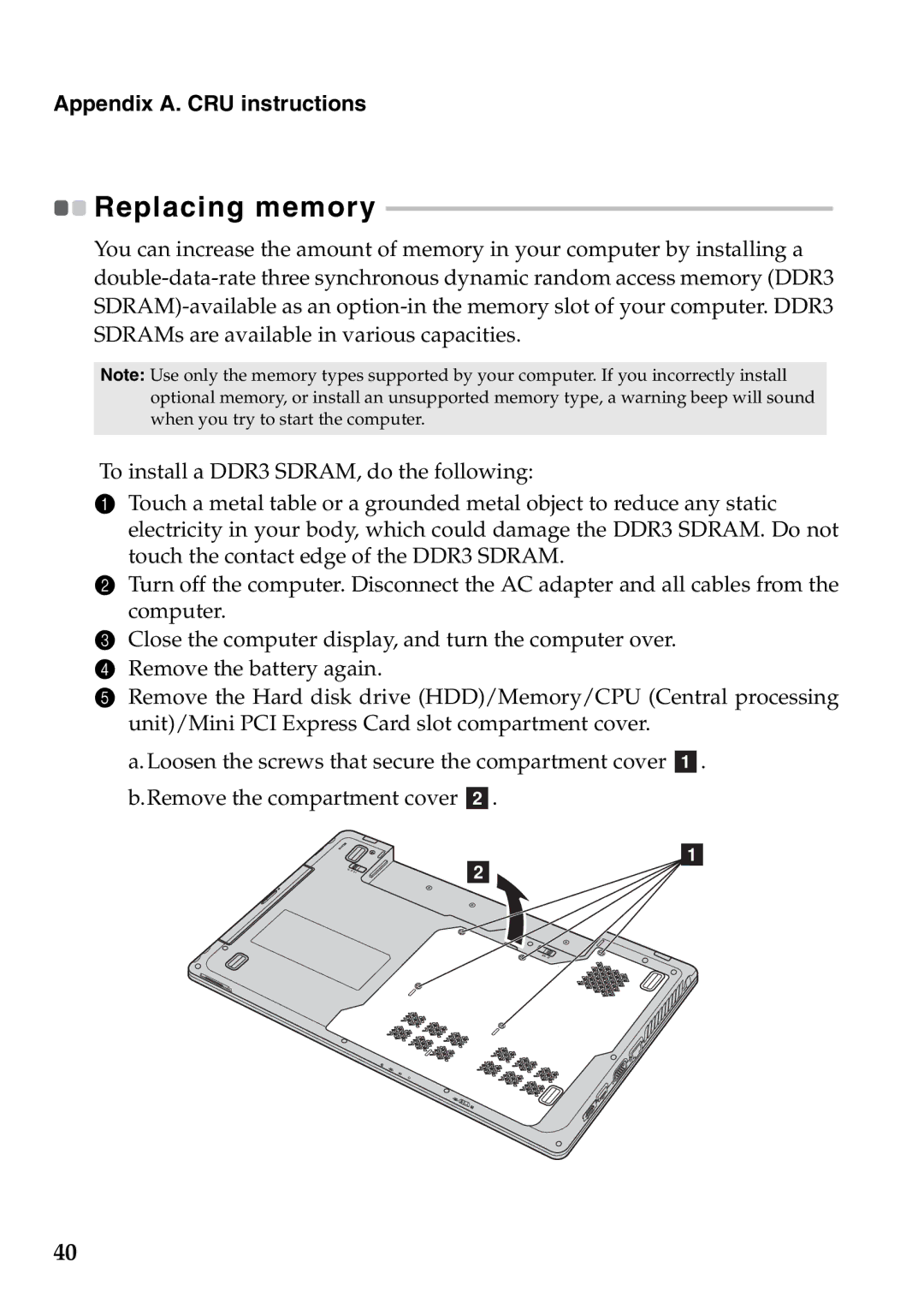 Lenovo G565, G465 manual Replacing memory 