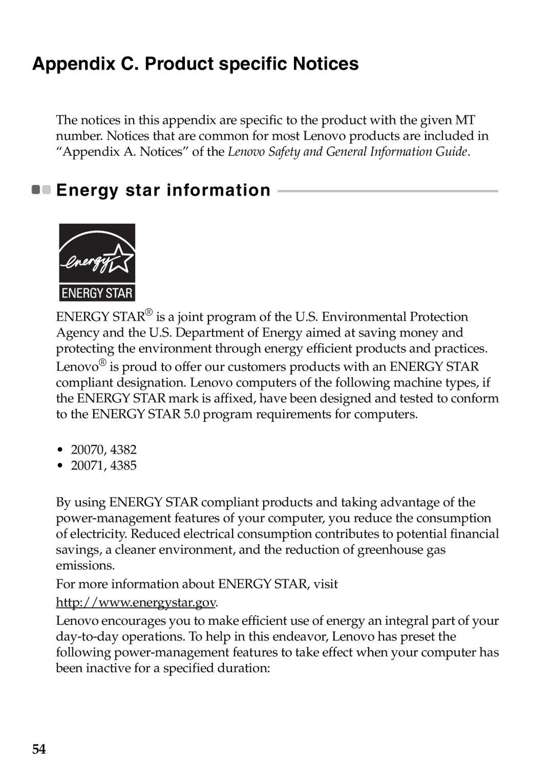 Lenovo G565, G465 manual Appendix C. Product specific Notices, Energy star information 