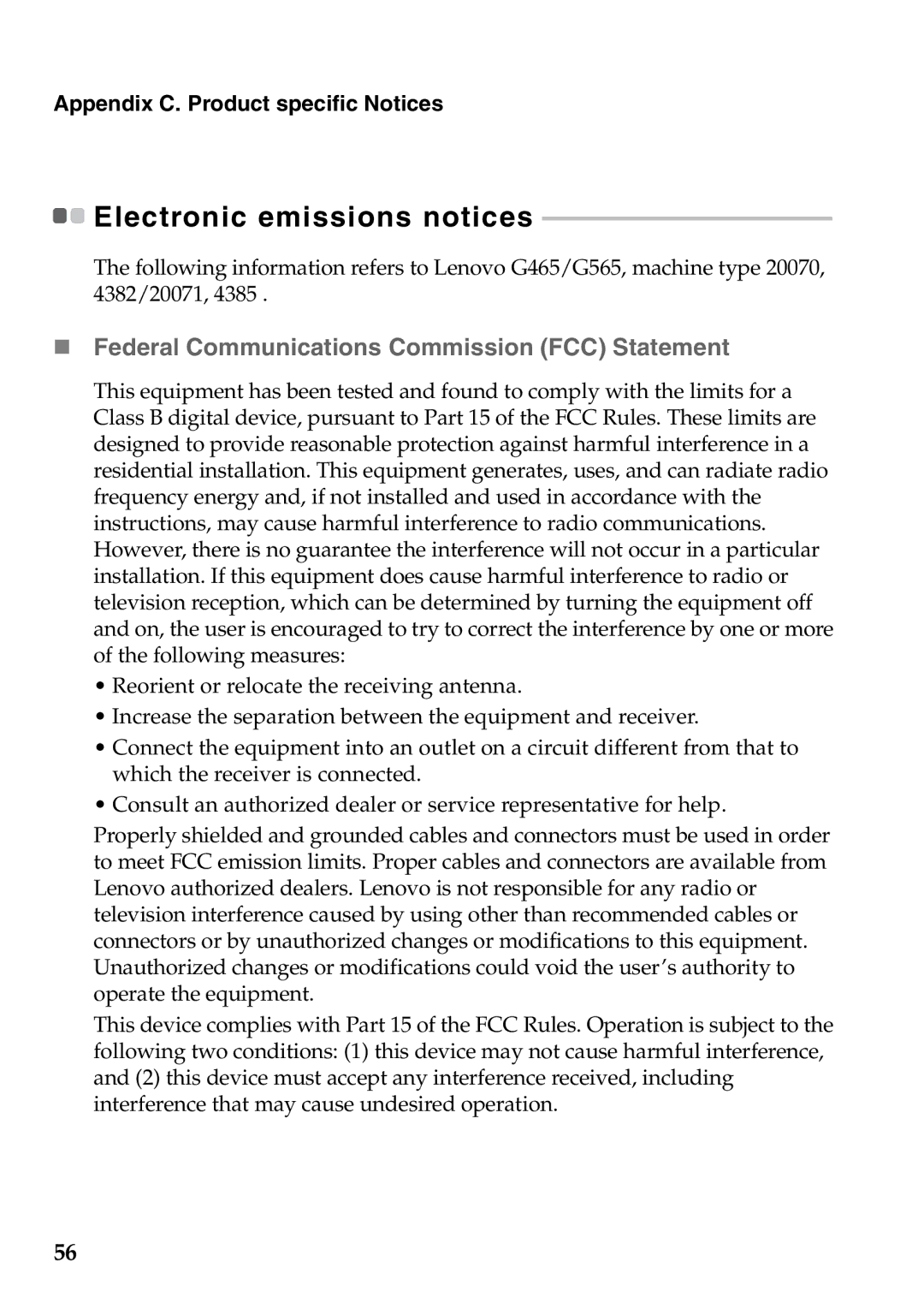 Lenovo G565, G465 manual Electronic emissions notices, „ Federal Communications Commission FCC Statement 