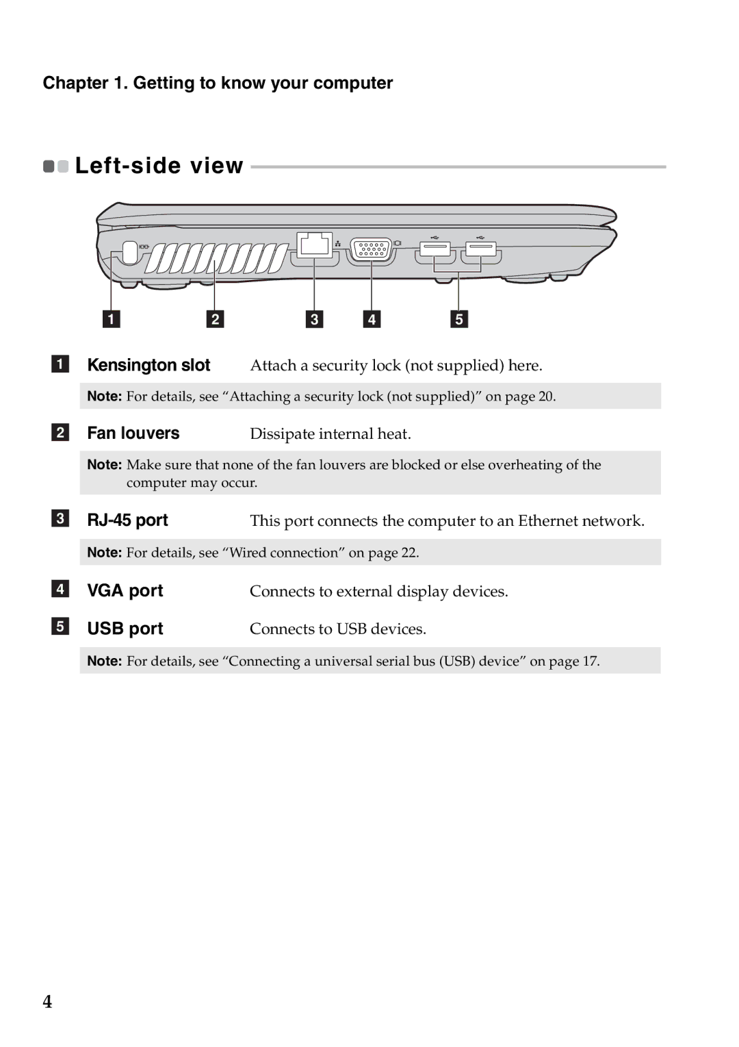 Lenovo G565, G465 manual Left-side view, Fan louvers, RJ-45 port, VGA port, USB port 