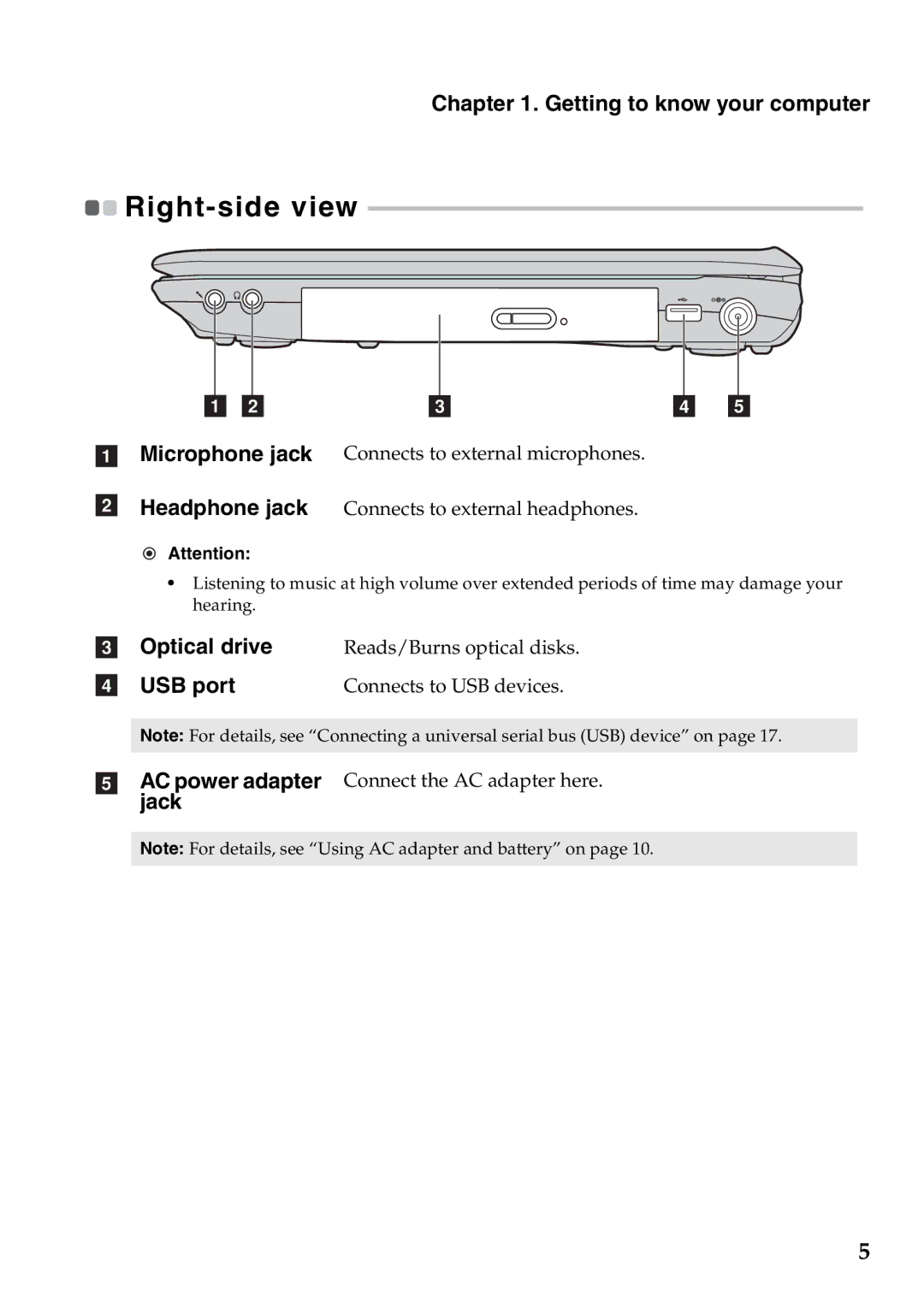 Lenovo G465, G565 manual Right-side view, Optical drive 