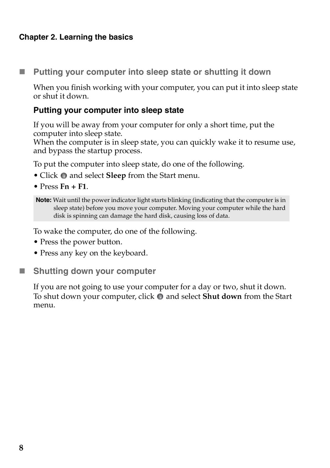 Lenovo G770 manual „ Putting your computer into sleep state or shutting it down, „ Shutting down your computer 