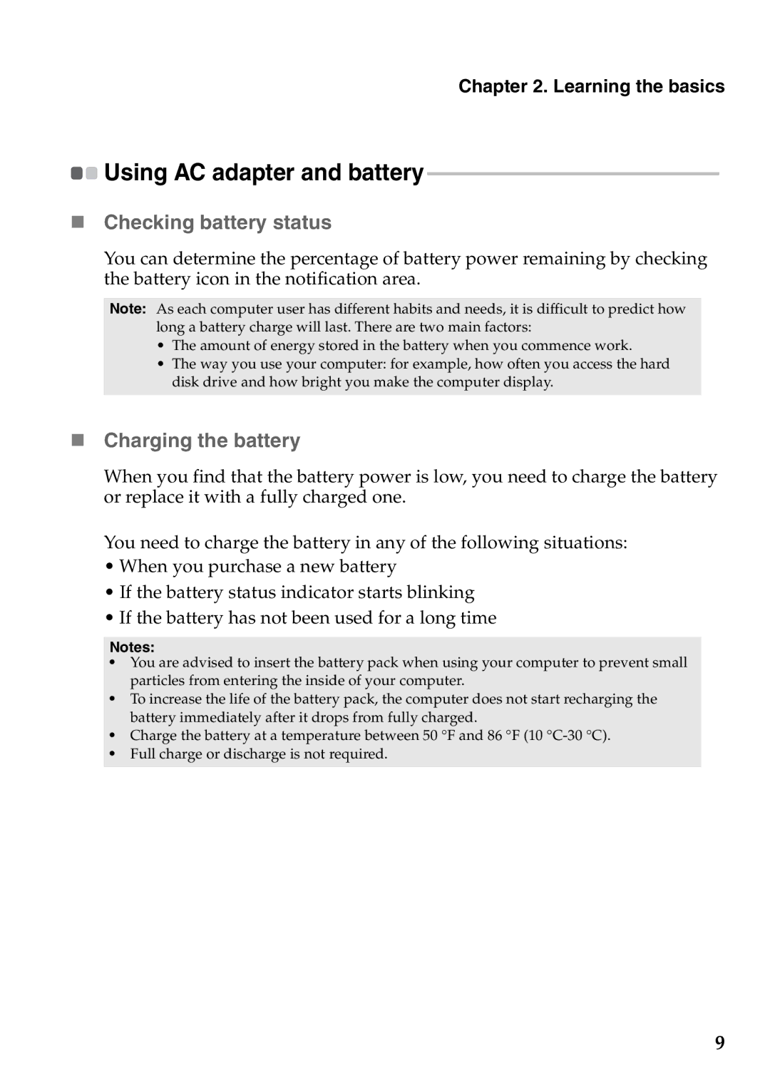 Lenovo G770 manual „ Checking battery status, „ Charging the battery 