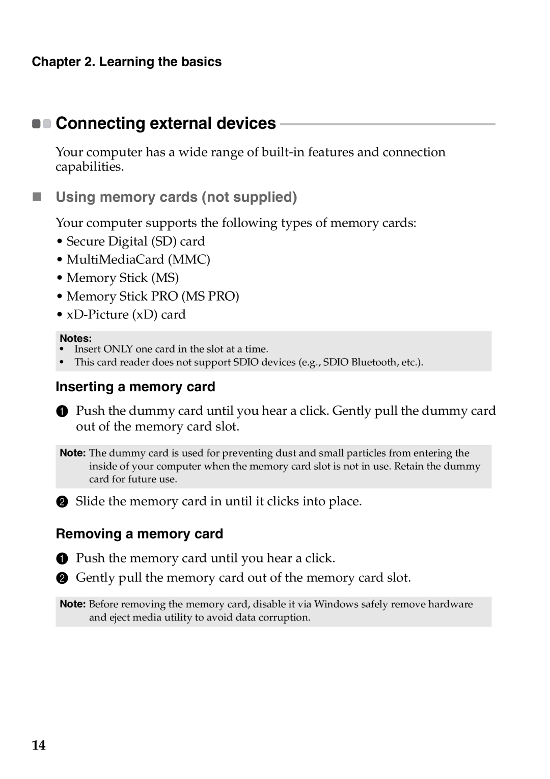 Lenovo G770 manual Connecting external devices, „ Using memory cards not supplied 