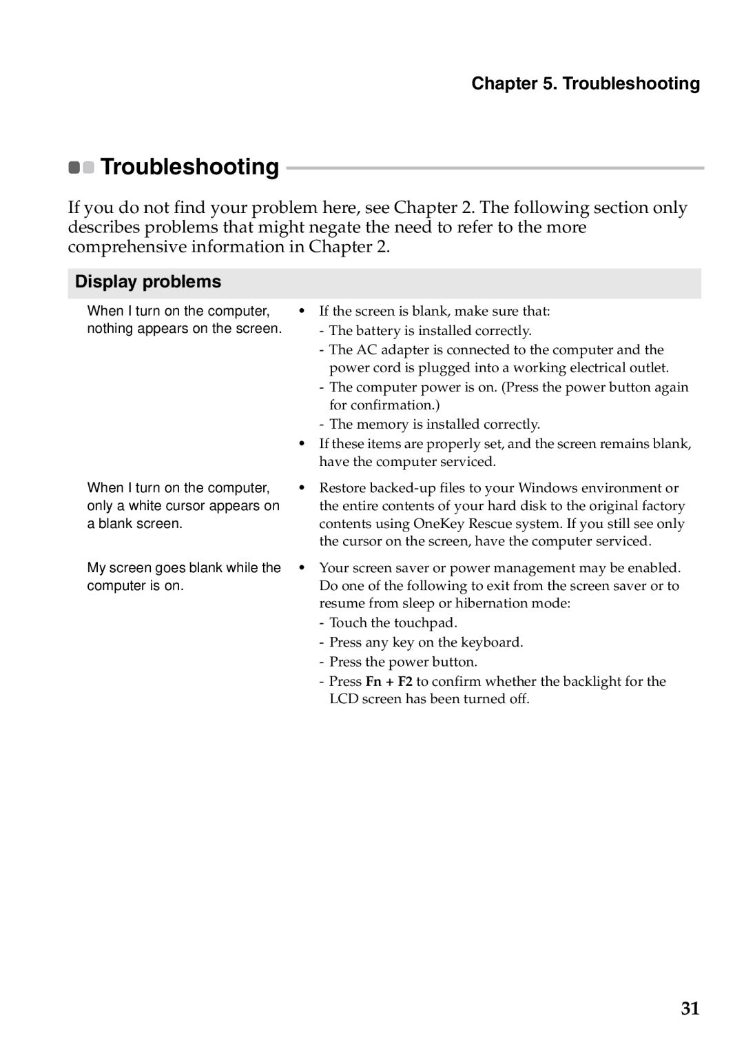 Lenovo G770 manual Troubleshooting, Display problems 