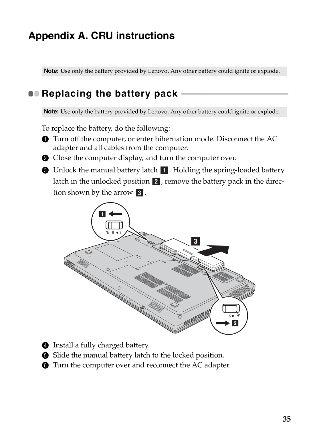 Lenovo G770 manual Appendix A. CRU instructions, Replacing the battery pack 