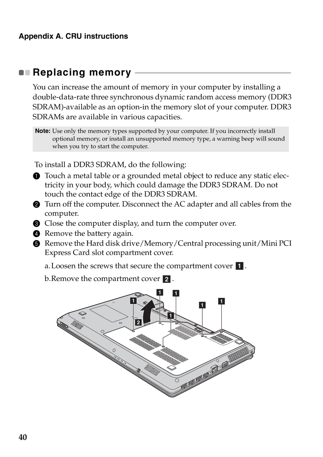 Lenovo G770 manual Replacing memory 