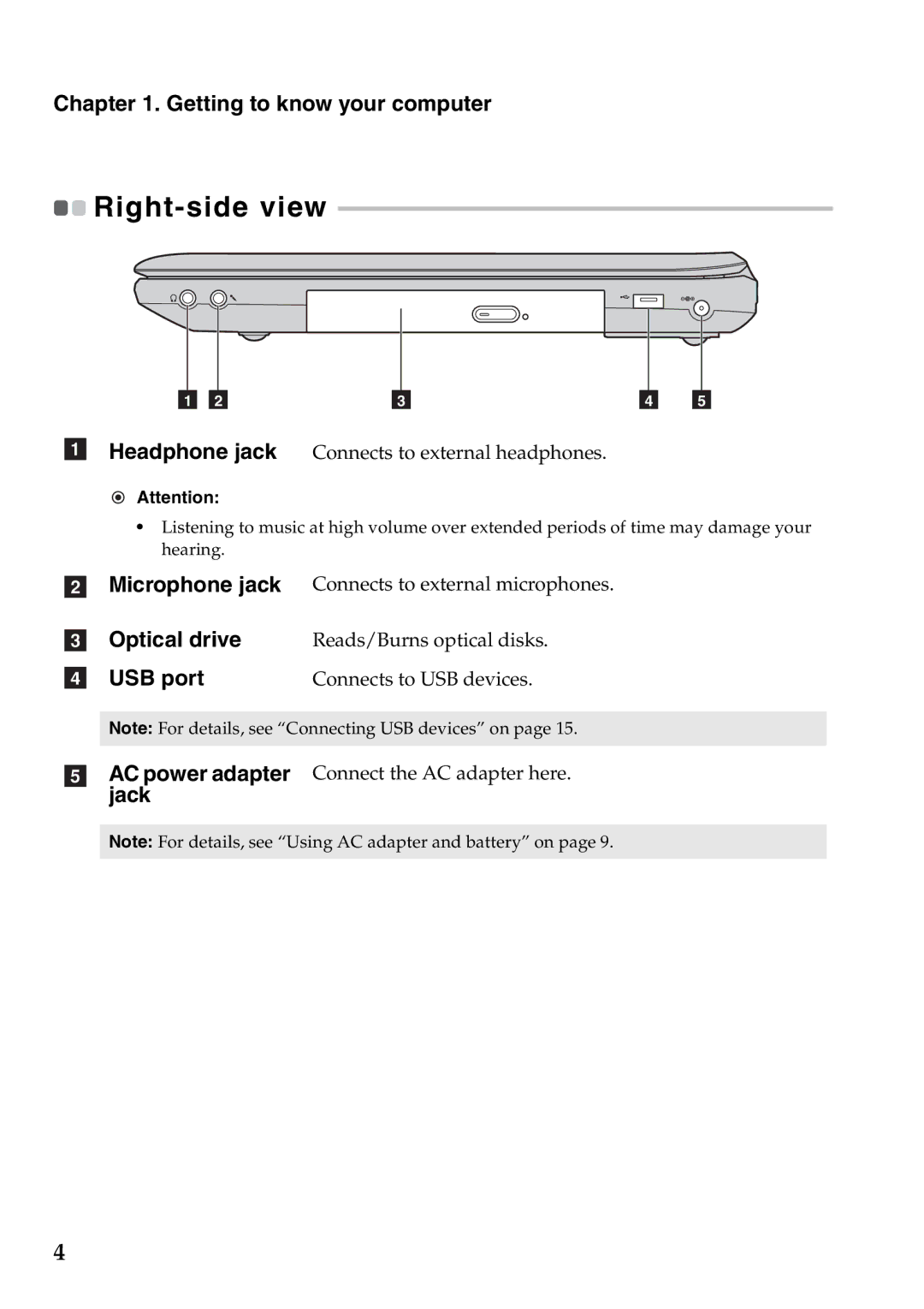 Lenovo G770 manual Right-side view, Optical drive 