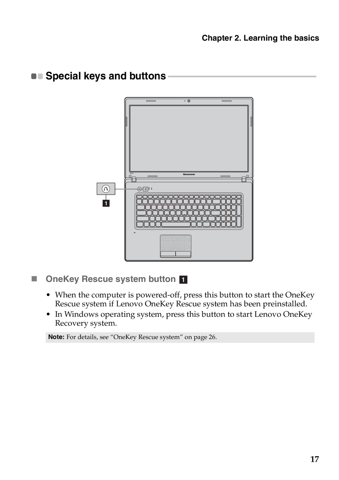 Lenovo G770 manual „ OneKey Rescue system button a, Special keys and buttons 