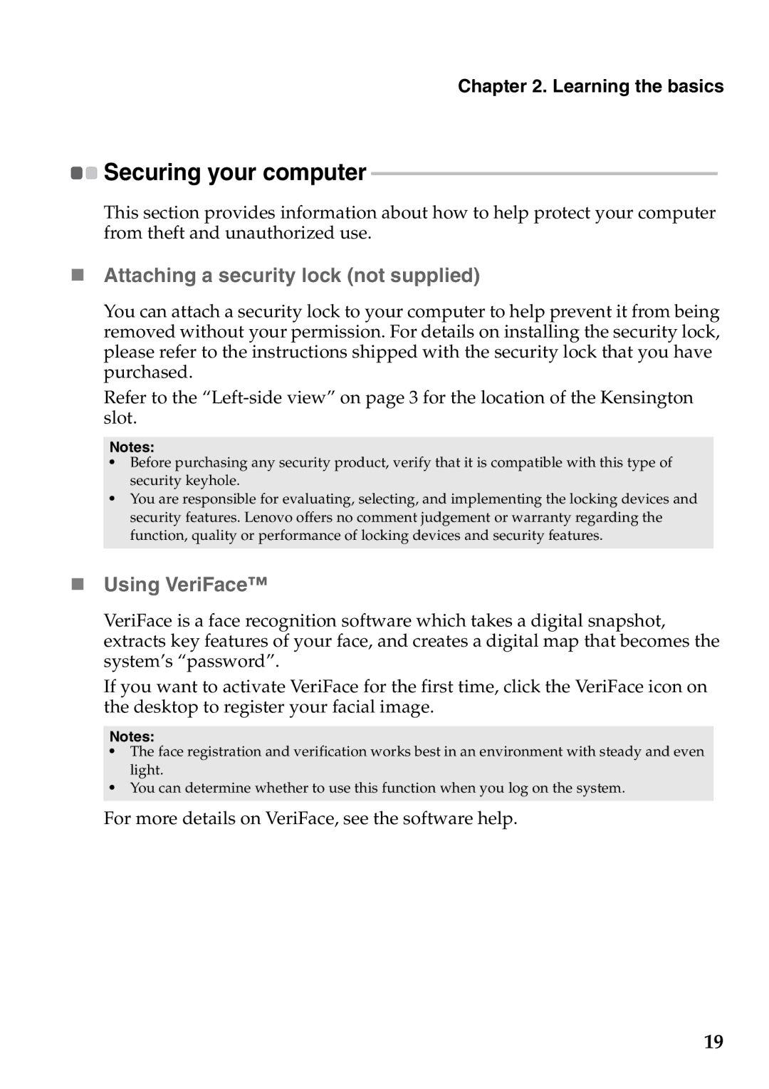 Lenovo G770 manual „ Attaching a security lock not supplied, „ Using VeriFace, Securing your computer 