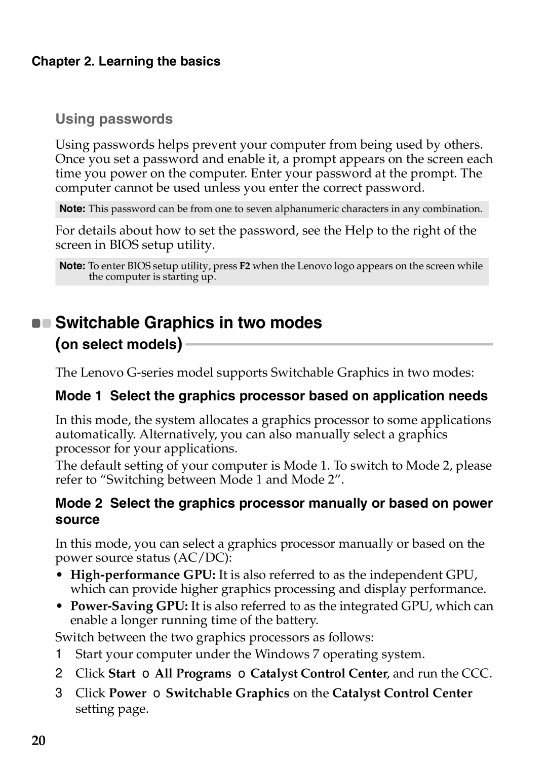 Lenovo G770 manual „ Using passwords, On select models 