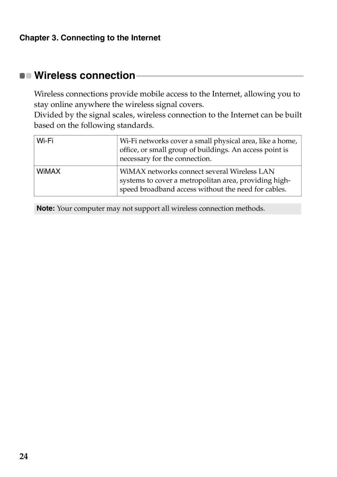 Lenovo G770 manual Wireless connection, Wi-Fi WiMAX 